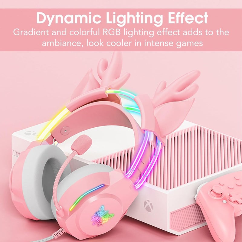 ONITOON Gaming Headset with Microphone, Deer Ears Headphones for PC Laptop PS4 PS5 Xbox Switch, Rainbow RGB Lighting & Virtual Surround Sound, 3.5mm Over Ear Headphones, Ergonomic - Image 5